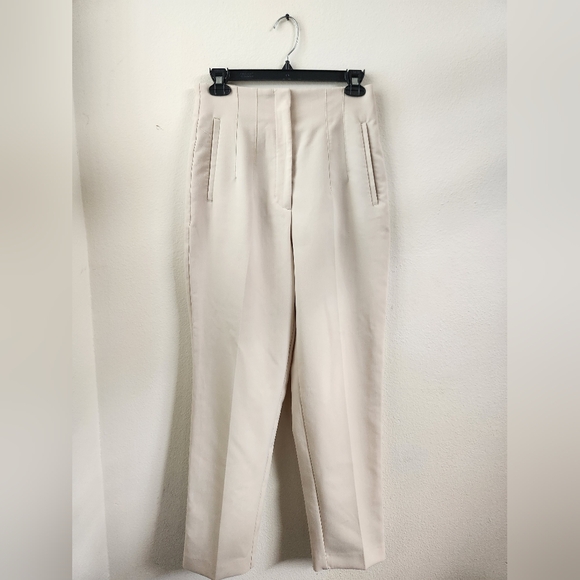 Zara High Waisted Ankle Length Pants Pleated Straight Leg Mid Ecru Cream Medium - Picture 2 of 8